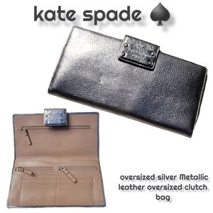 kate spade NEW YORK oversized leather Silver Metallic clutch large wallet bag
